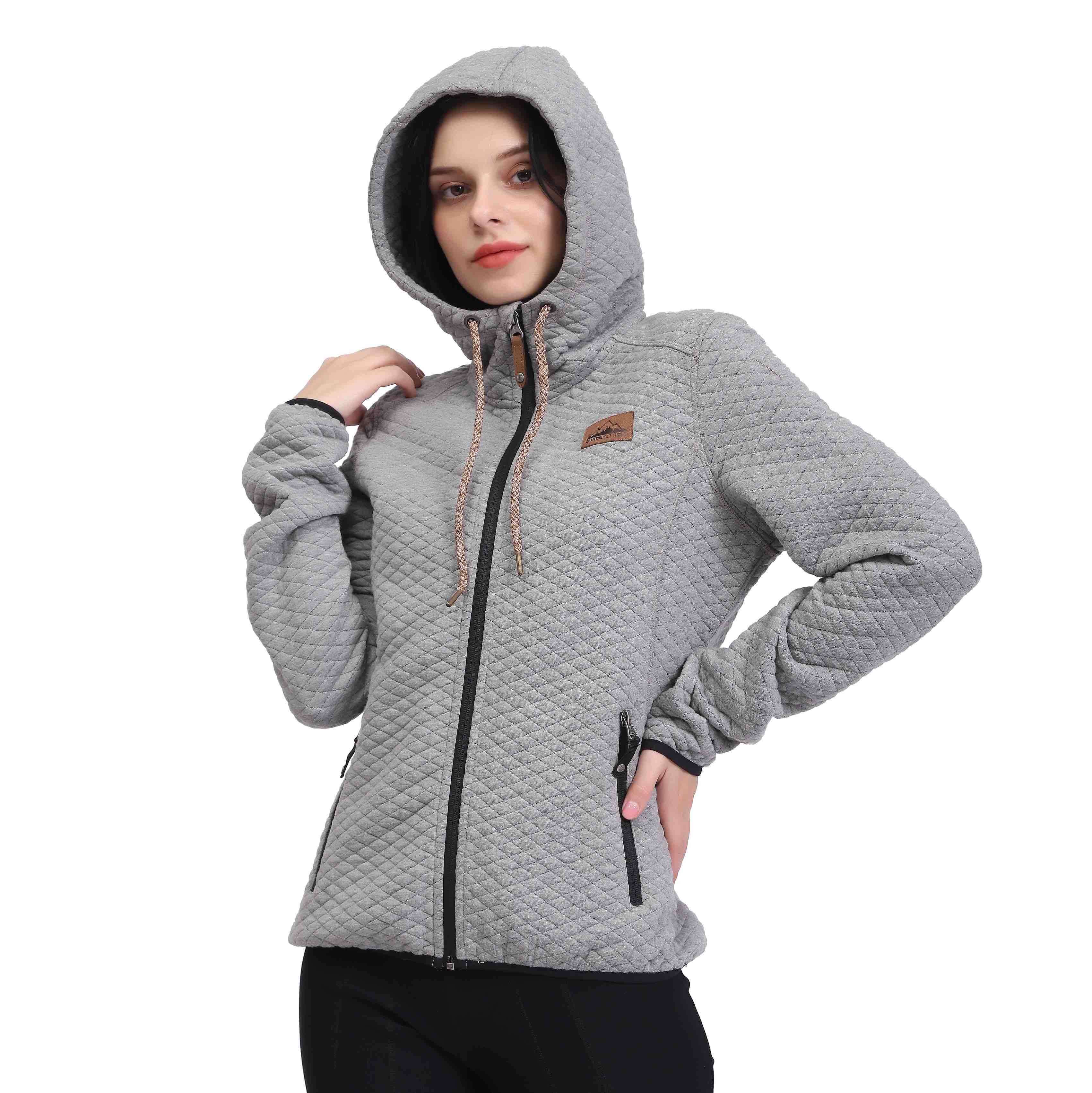 Women Quilt Pattern Zip Through Hiking Sweatshirt Hoodie